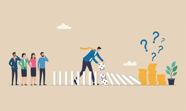 Risk to meeting avoid losing money, problem and failure concept, smart businessman company leader remove domino to stop domino effect collapse