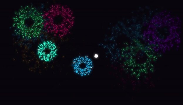 Looping multicolored isolated fireworks grand finale with vibrant colorful explosions on black background