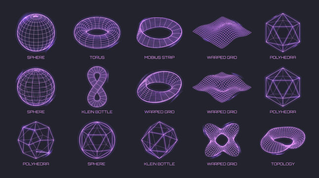 Collection of purple neon wireframe 3D geometric shapes including sphere torus mobius strip and klein bottle on dark background, representing scientific research and provides design assets