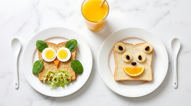 Fun healthy breakfast for kids owl and bear shaped toast with fruit and egg presented on white plates with orange juice and spoons on marble surface.