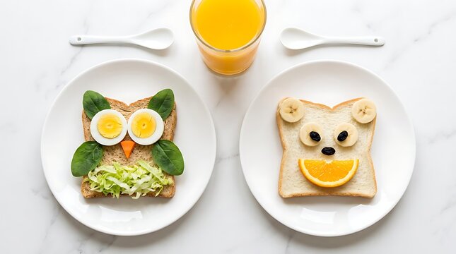 Fun healthy breakfast for kids owl and bear shaped toast with fruit and egg presented on white plates with orange juice and spoons on marble surface.