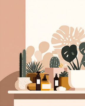Minimal botanical still life with succulents, cacti and amber skincare bottles on a shelf in neutral pastel tones
