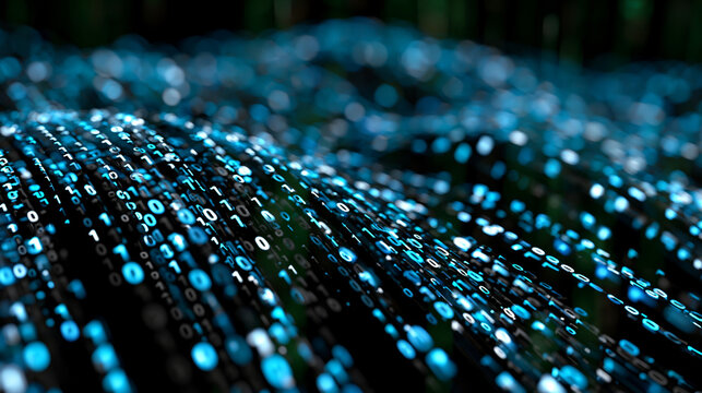Binary code dark background with cascading monospaced digit streams layered at varying opacities across a deep dimensional field under cool terminal-style illumination suited for cybersecurity edito
