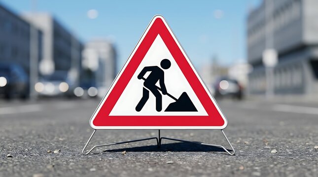 Road construction warning sign placed on asphalt road surface during bright sunny day concept of street maintenance or urban traffic area temporary safety warning.