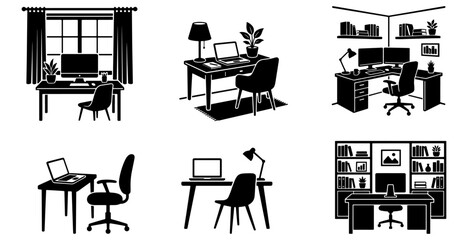 Vector set of home office silhouettes showing various workspace setups with computer desks laptops office chairs windows and bookshelves © Uttham