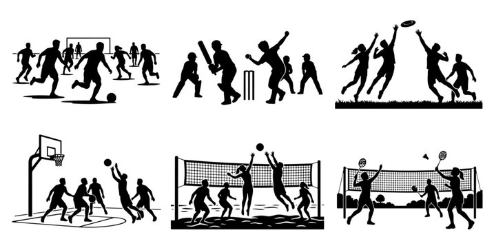 Outdoor team sports silhouettes featuring people playing soccer cricket ultimate frisbee basketball volleyball and badminton
