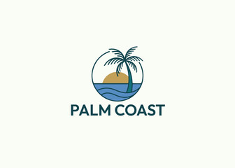 Naklejka premium Palm Coast Logo Vector Tropical Island Beach Brand Circle Badge Design