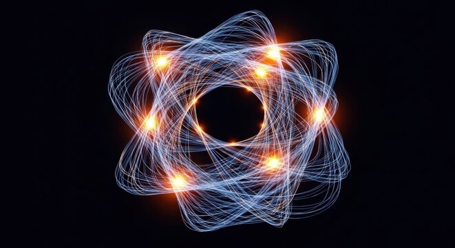 Glowing atomic structure, neon blue lines, orange lights, scientific illustration, energy concept