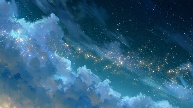 Dreamy editorial background in medium shot focusing on translucent brushstroke clouds with shimmering starlike particles floating in a celestial gradient sky perfect for calming