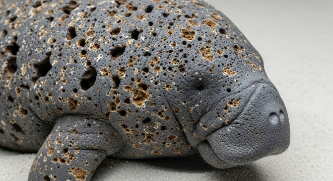 Gray manatee sculpture, stone animal figurine, porous texture