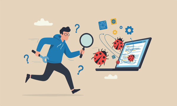 Programming software concept, young nerd programmer, coder or software tester running from computer laptop using debugging tools to catch ladybugs