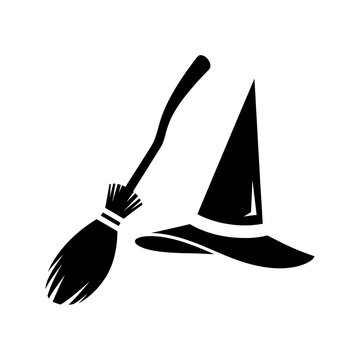 Witchs Broom and Hat Silhouette.