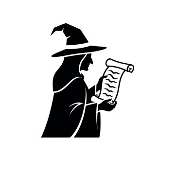 Wizard reading ancient magical scroll.