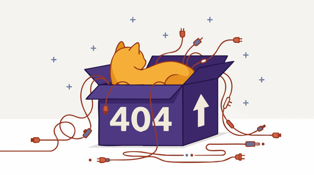 404 Page Not Found error concept with cat in box and tangled cables