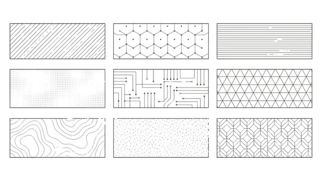 CAD Drafting Hatch Patterns and Technical Geometric Surface Textures Set with Architectural Material Swatches