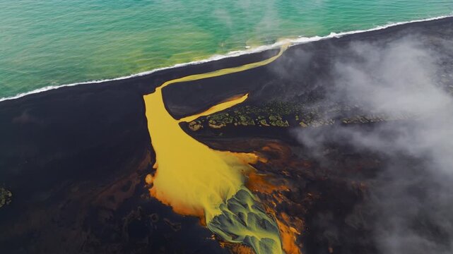 Aerial view of a yellow glacial river flowing through a black sand beach into the turquoise ocean with mist, Hella, Rangarthing ytra, Iceland.