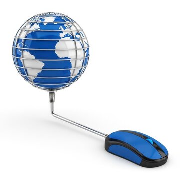 Blue globe connected to computer mouse on white