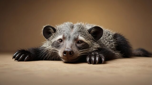 A binturong lying down on a neutral background
