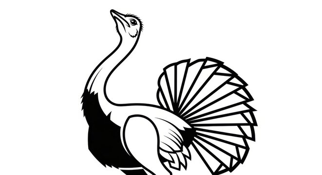Black and white ostrich illustration, bird silhouette, wildlife icon, feathered animal design