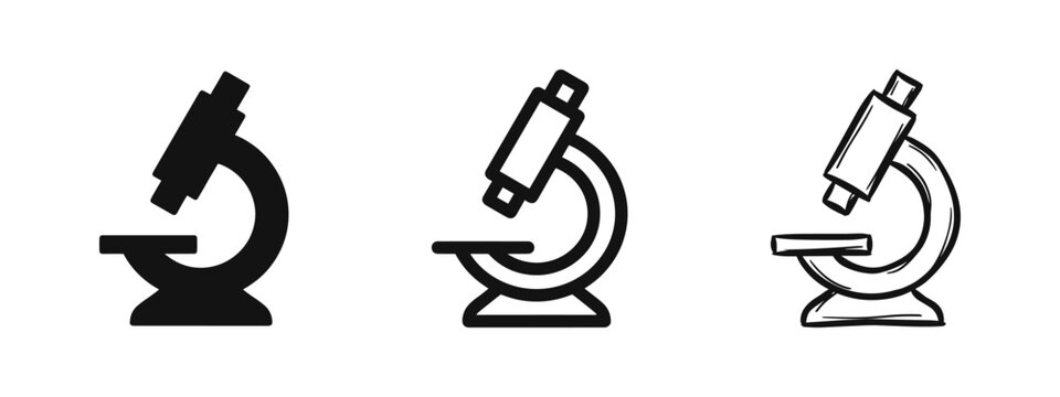 Microscope icon set with solid, outline, and hand-drawn doodle styles for science and research concepts.