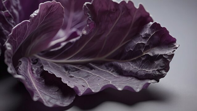 A close-up view of fresh purple cabbage leaf with detailed texture.