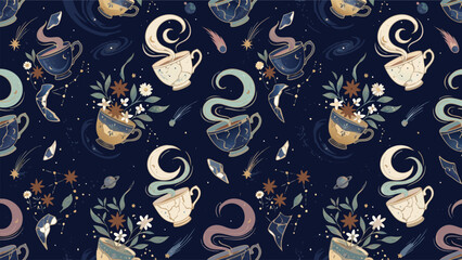 Naklejka premium Whimsical coffee cup pattern, floral design, seamless background, vector illustration