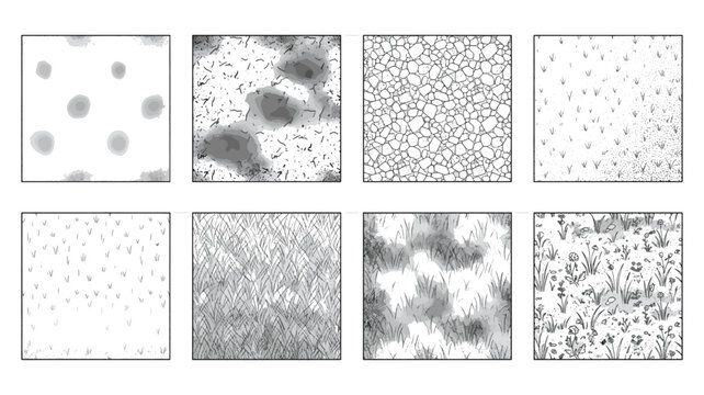 CAD Landscape Ground Cover Hatch Patterns and Architectural Softscape Textures Set with Meadow Vegetation and Stone Swatches