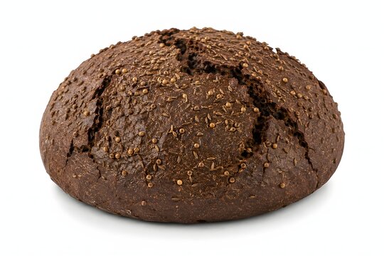 Freshly baked round dark rye bread loaf isolated on white background.