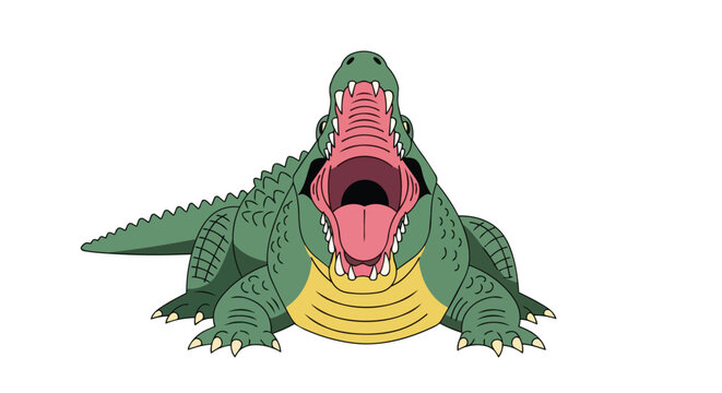 Illustration of a green crocodile with wide open mouth showing sharp teeth and pink interior