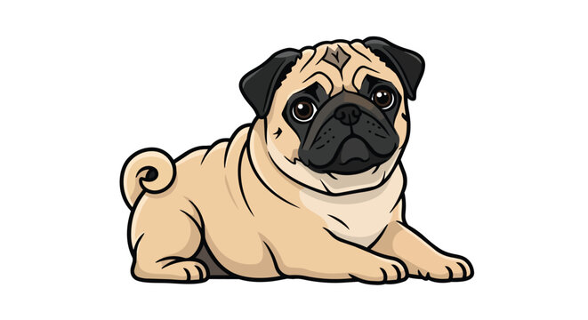 Cute Pug Dog Illustration Lying Down on White Background Adorable Fawn Pug Puppy with Wrinkled Face