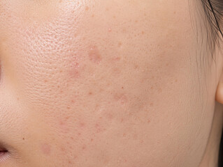 Fototapeta premium Close up of facial skin with acne, dark spots, freckles, and hyperpigmentation