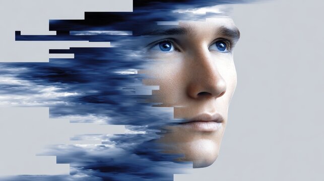 A digital art image of a young man's face partially dissolving into pixelated fragments, symbolizing technology and digital transformation.