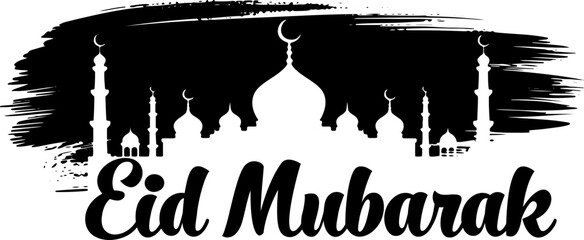 Eid Mubarak, Islamic greeting, mosque silhouette, black and white vector, Ramadan celebration © ShahanaraBegum