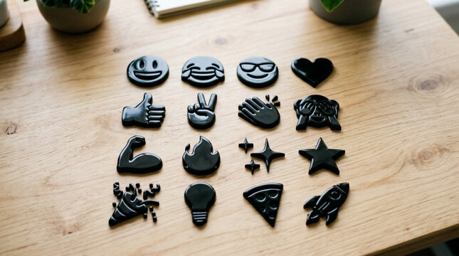 Set of Glossy Black 3D Emoji Icons Arranged on a Light Wooden Table Surface