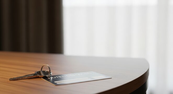Hotel room keycard and keys resting on a wooden table with a blurred background