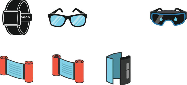 Smart Devices and Wearable Technology Set with Wristwatch, Glasses, Screen, and Protective Visor Icons