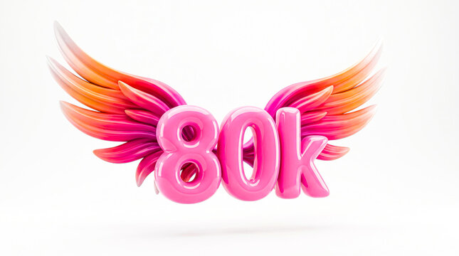 80K Followers Milestone with Pink Angel Wings &ndash; Glossy 3D Social Media Achievement Celebration