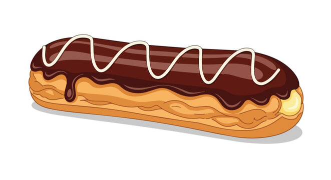 Delicious chocolate eclair pastry with cream filling and white icing drizzle illustration isolated on white background