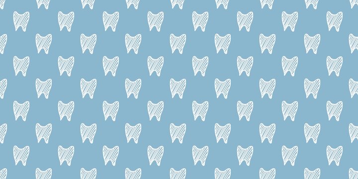 Seamless tooth pattern. Hand drawn teeth sketches on a blue background, representing dental care and oral health.