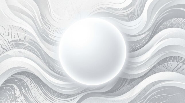 A white sphere floats within a dynamic, abstract wave pattern of silver and gray. The swirling forms create a sense of movement and depth, resembling water or a celestial phenomenon.
