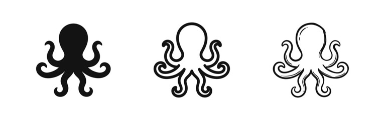 Obraz premium Octopus Sea Creature Icon Set in Solid Outline and Hand Drawn Styles for Marine and Nature Design