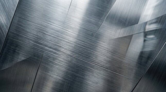 Multiple overlapping metal sheets create a complex, textured surface. The sheets reflect light, producing a dynamic interplay of gray and silver tones.