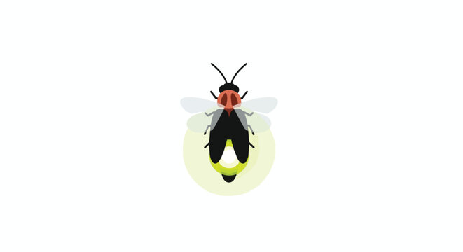 Flat illustration of a firefly with a glowing yellow tail isolated on white background. Lightning bug insect icon for nature design.