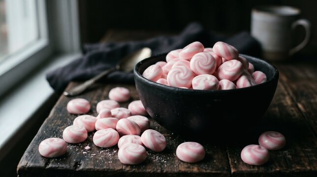 Bowl of pink candies on a rustic wooden table with a window in the background.