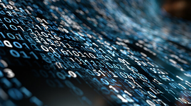 Binary code dark background with cascading monospaced digit streams layered at varying opacities across a deep dimensional field under cool terminal-style illumination suited for cybersecurity edito