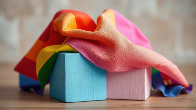 Rainbow fabric draped over pastel-colored blocks on a wooden surface