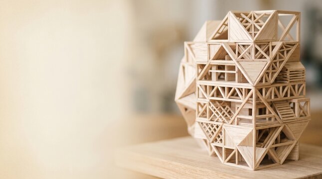Intricate architectural model made of balsa wood featuring complex geometric truss structures and modular design elements