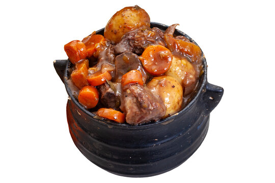 Traditional South African Potjiekos Stew in Cast Iron Pot Isolated on Transparent Background