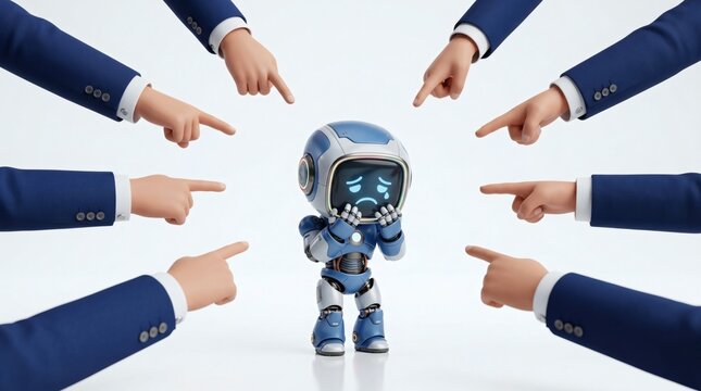 Robot surrounded by pointing fingers, concept of blame and accusation.