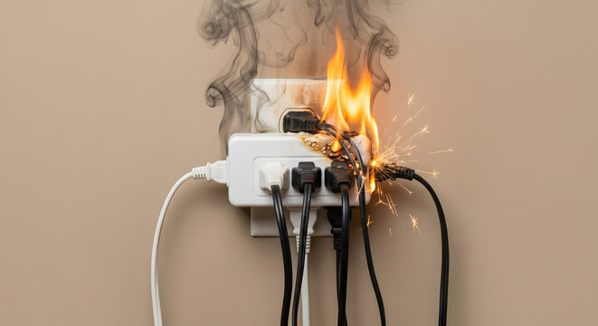 A dangerous overloaded electrical outlet with multiple plugs, sparking and catching fire on a beige wall.